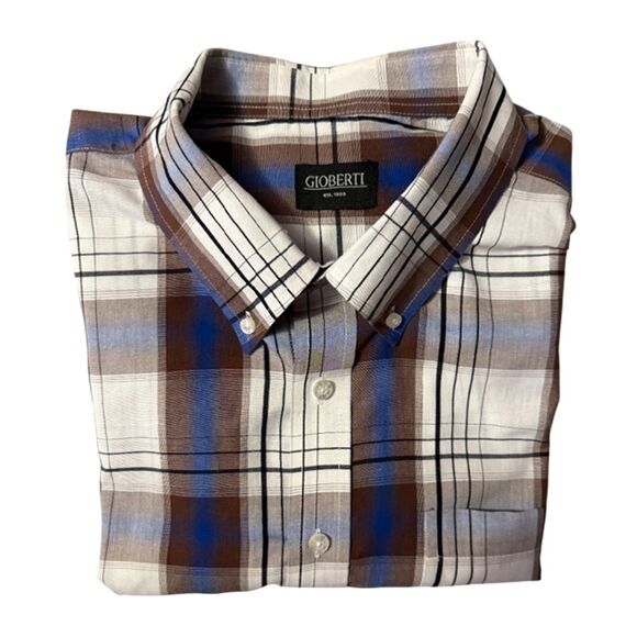 Gioberti Brown, Blue & White Plaid Short Sleeve Button Down Shirt Size XXL - Picture 6 of 11